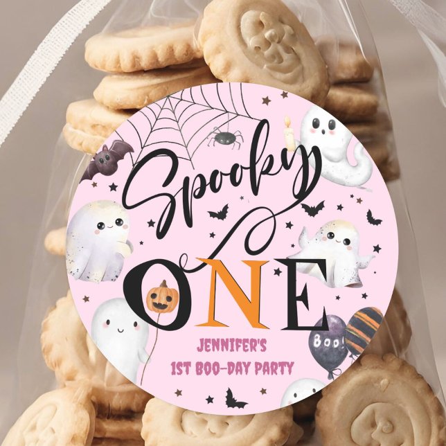 Spooky One Girl Pink Halloween 1st Birthday Party  Classic Round Sticker (Creator Uploaded)