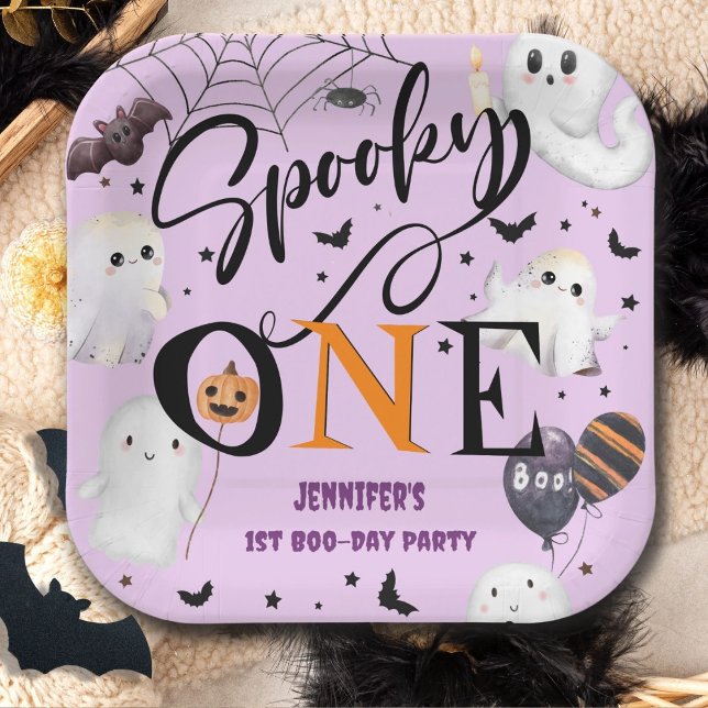 Spooky One Girl Purple Halloween 1st Birthday Paper Plates (Creator Uploaded)