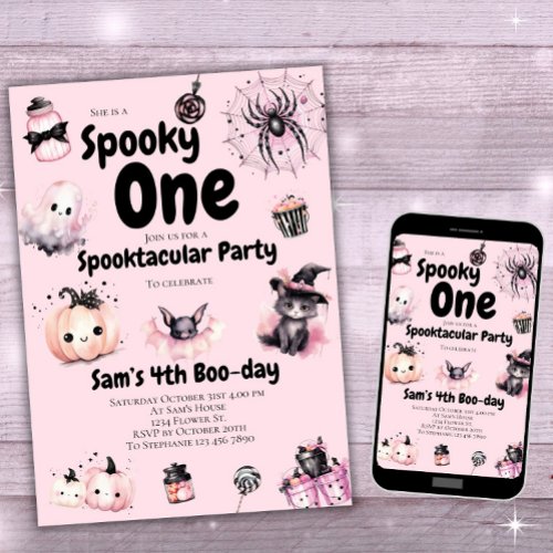 Spooky One Girls Cute Pink Halloween 1st Birthday Invitation