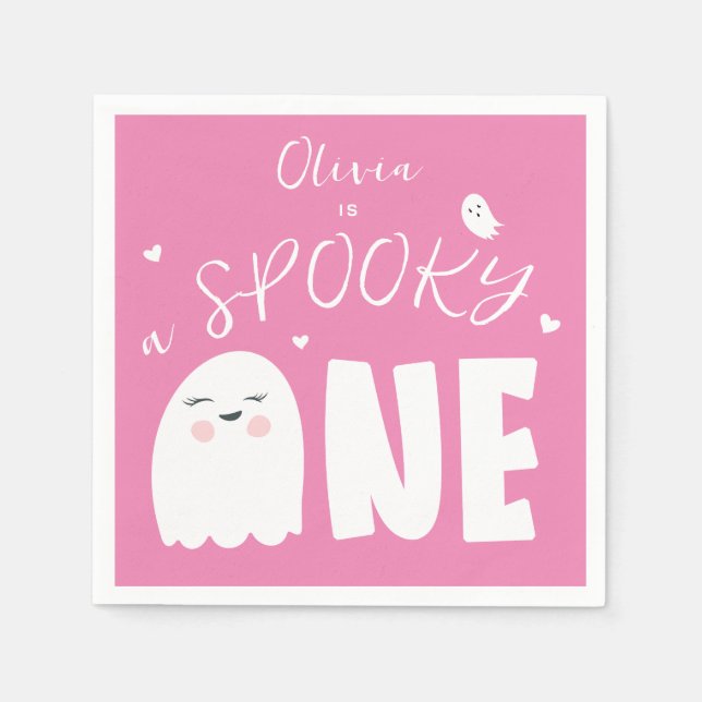Spooky One Girls Pink Ghost Halloween 1st Birthday Napkins (Front)