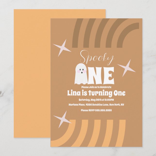 Spooky One Groovy Ghost Halloween Birthday Brown Invitation (Front/Back)