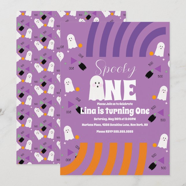 Spooky One Groovy Ghost Halloween Birthday Purple Invitation (Front/Back)