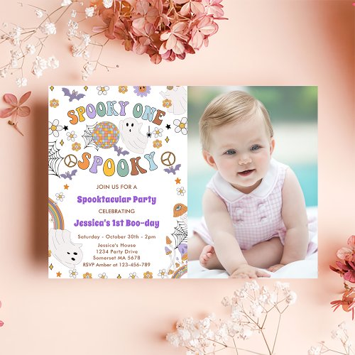  Spooky One Groovy Halloween 1st Birthday Photo Invitation