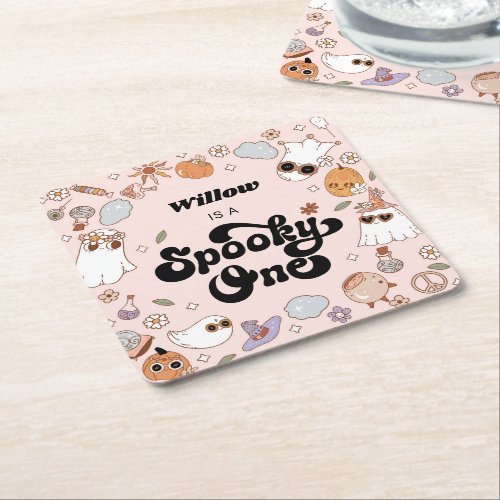 Spooky One Groovy Halloween 1st Birthday Square Paper Coaster