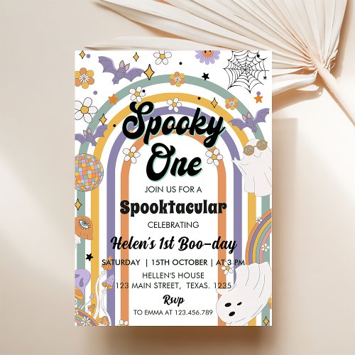 Spooky One Groovy Rainbow Cute Halloween Birthday Invitation