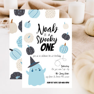 Spooky One Halloween 1st Birthday Blue Pumpkin Invitation