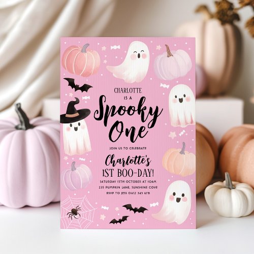 Spooky One Halloween 1st Birthday Girl Pink Ghost Invitation