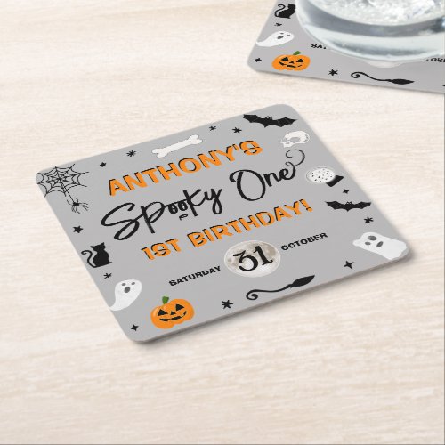 Spooky One Halloween 1st Birthday Party Square Paper Coaster