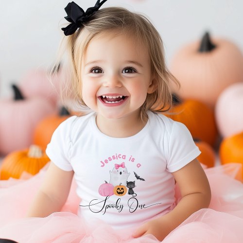 Spooky One Halloween Birtdhay pink little Boo Baby T_Shirt