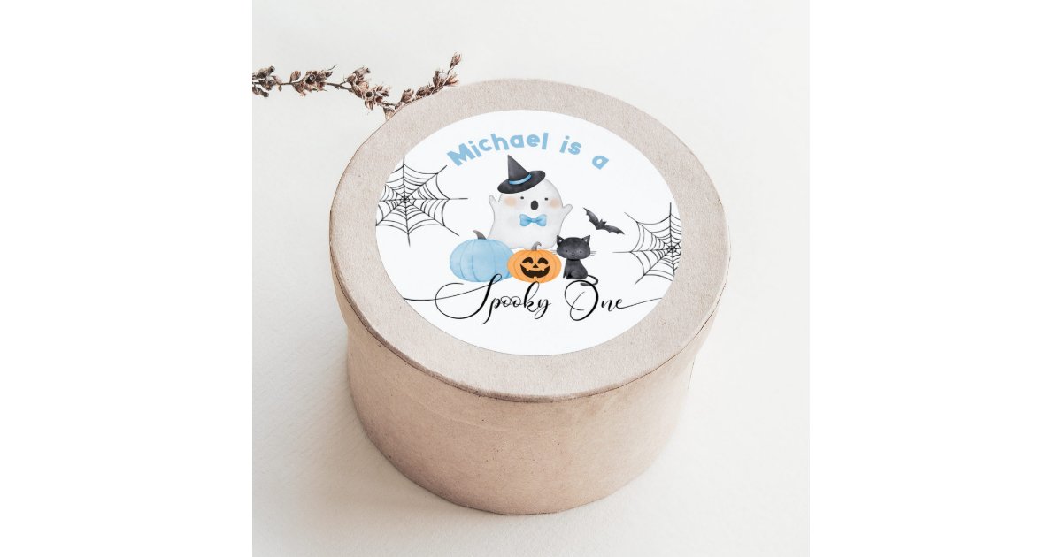 Spooky One Halloween Birthday blue Boo Classic Round Sticker | Zazzle