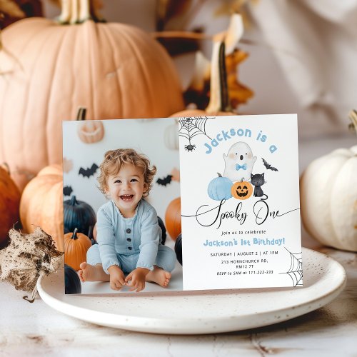 Spooky One Halloween birthday blue boy photo Invitation