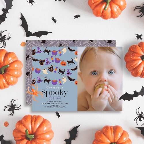 Spooky One Halloween Blue 1st Birthday Photo Invitation