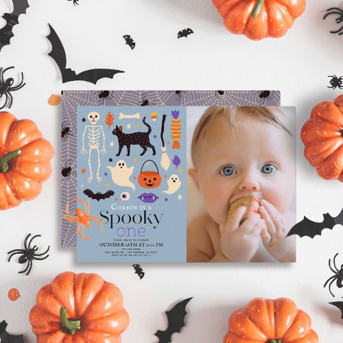 Spooky One Halloween Blue 1st Birthday Photo Invitation