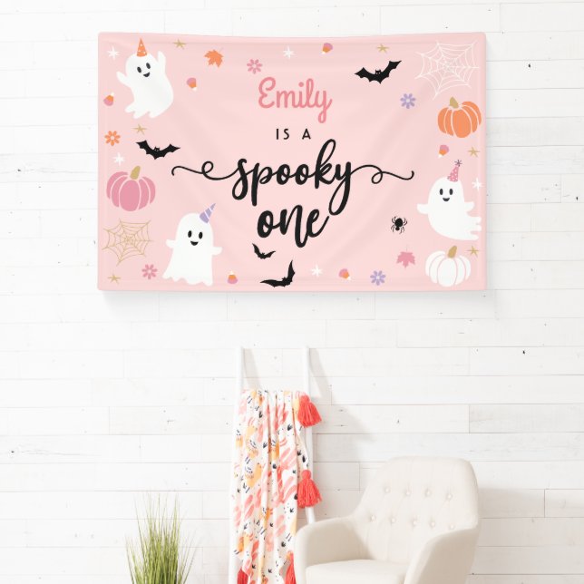 FHzytg Spooky One Birthday Decorations - Pink & Orange Groovy Halloween Theme, Pre-Strung Swirls & Banner