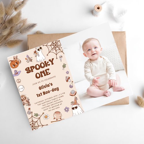 Spooky One Halloween Cute Ghost 1st Birthday Photo Invitation