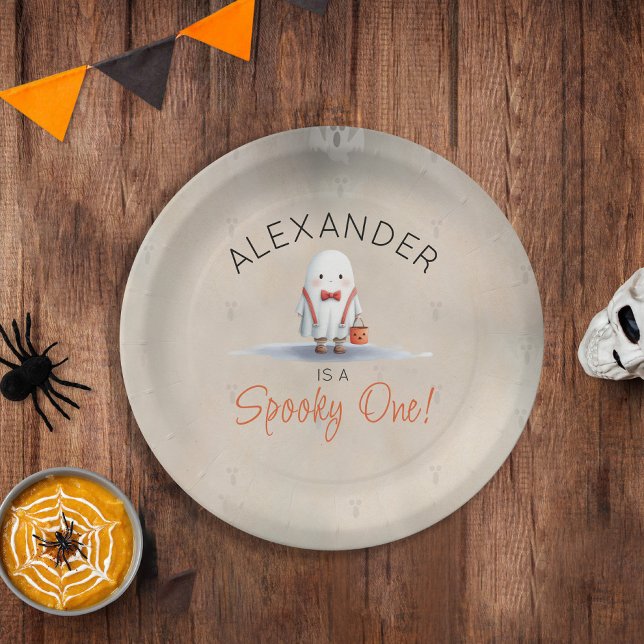 Spooky One Halloween First Birthday Boy Paper Plates (Spooky One First Birthday Party Paper Plates for Boy's Halloween 1st Birthday)