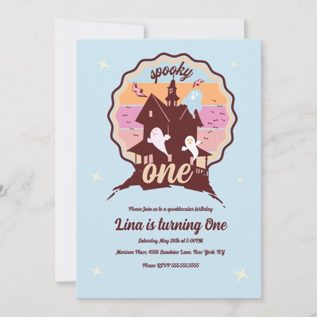 Spooky One Halloween First Birthday Ghost Blue Invitation (Front)