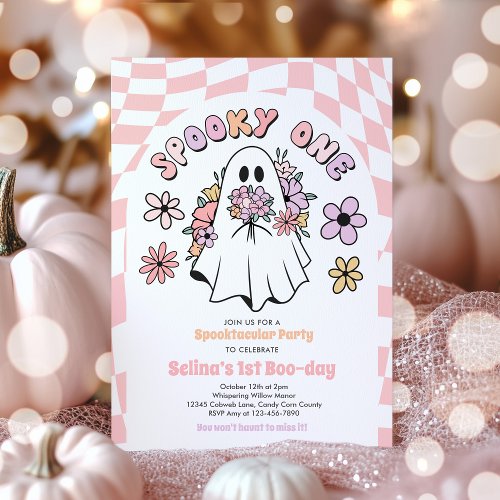 Spooky One Halloween Floral Ghost 1st Birthday Invitation