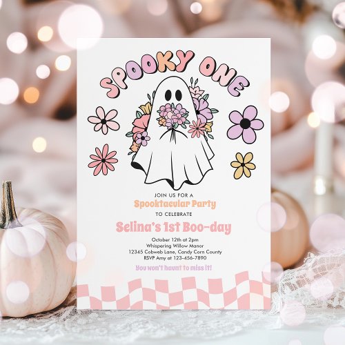 Spooky One Halloween Floral Ghost 1st Birthday Invitation