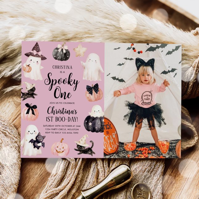 Spooky One Halloween Girl 1st Birthday Party Photo Invitation (Creator Uploaded)