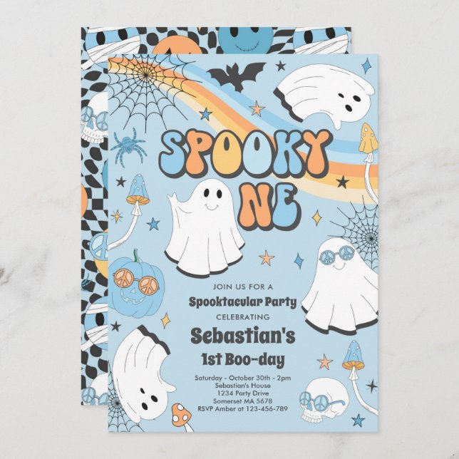 Spooky One Halloween Groovy Ghost 1st Birthday Inv Invitation (Front/Back)