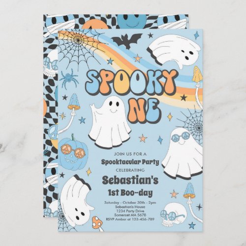 Spooky One Halloween Groovy Ghost 1st Birthday Inv Invitation