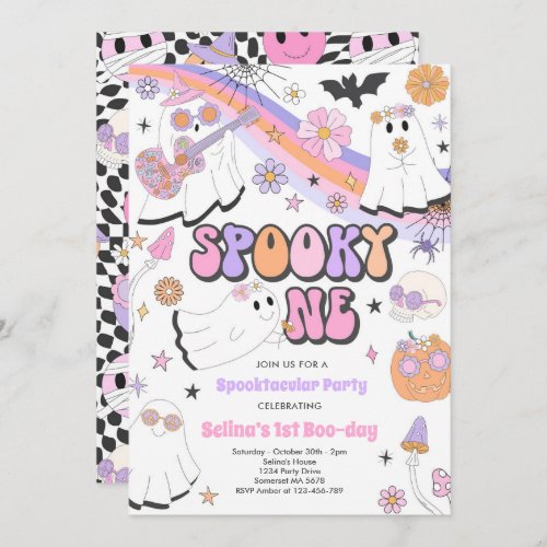 Spooky One Halloween Groovy Ghost 1st Birthday Invitation