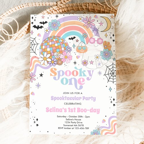 Spooky One Halloween Groovy Ghost 1st Birthday Invitation
