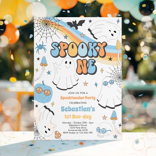 Spooky One Halloween Groovy Ghost 1st Birthday Invitation