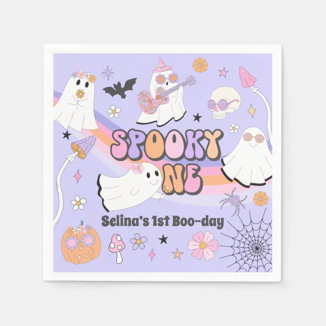 Spooky One Halloween Groovy Ghost 1st Birthday Napkins (Front)