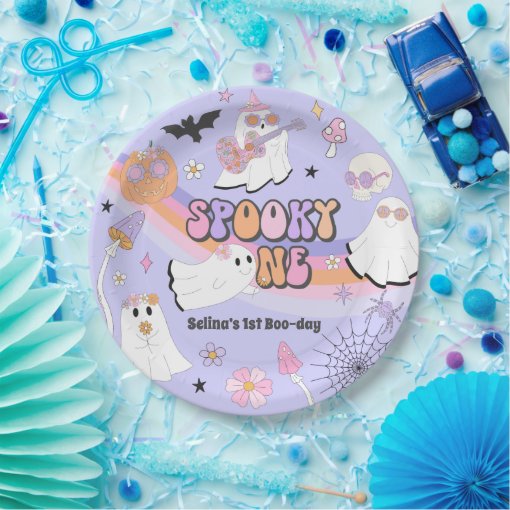 Spooky One Halloween Groovy Ghost 1st Birthday Paper Plates | Zazzle