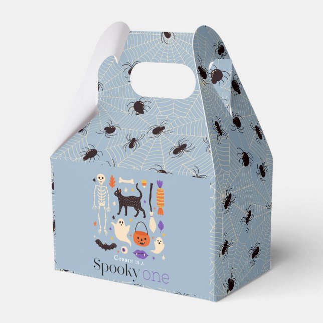 Spooky One Halloween Motifs Blue 1st Birthday Favor Boxes (Front Side)