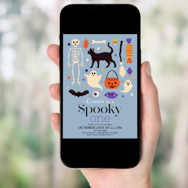 Spooky One Halloween Motifs Blue 1st Birthday Invitation (Front Digital)