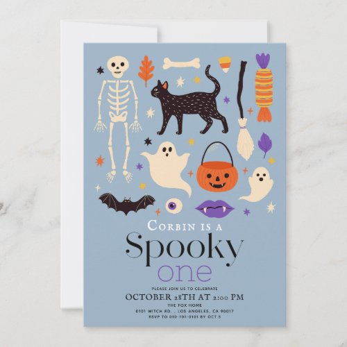Spooky One Halloween Motifs Blue 1st Birthday Invitation