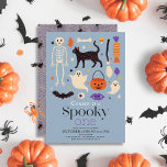 Spooky One Halloween Motifs Blue 1st Birthday Invitation<br><div class="desc">This cute "spooky one" halloween boy's 1st/first birthday invitation features a blue background with Halloween motifs including a black cat, bat, ghosts, pumpkin, candy, broomstick, skeleton, vampire lips, and eyeball. The reverse side features a purple background with spider web patterns. Personalize it for your needs. You can find matching products...</div>