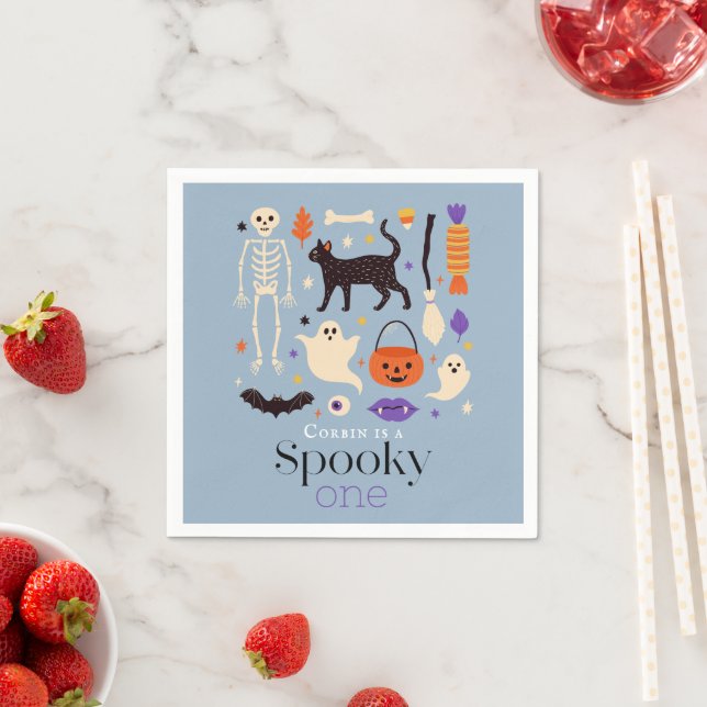 Spooky One Halloween Motifs Blue 1st Birthday Napkins (Insitu)