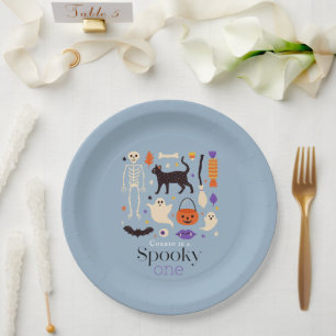 Spooky One Halloween Motifs Blue 1st Birthday Paper Plates