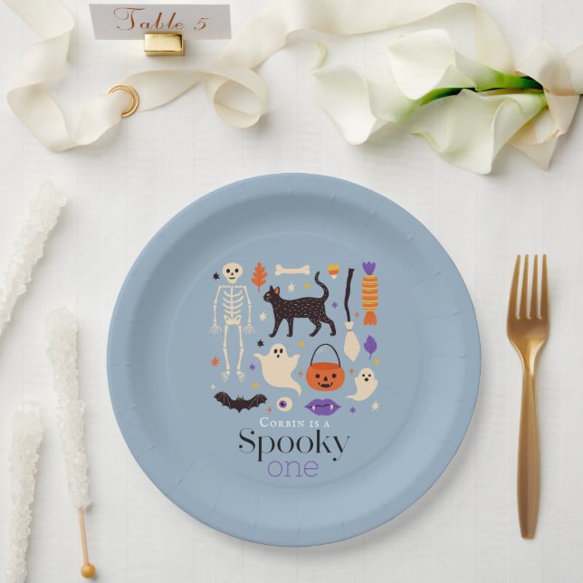 Spooky One Halloween Motifs Blue 1st Birthday Paper Plates (Wedding)