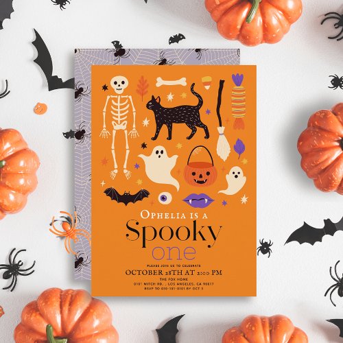 Spooky One Halloween Motifs Orange 1st Birthday Invitation