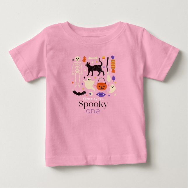Spooky One Halloween Motifs Pink 1st Birthday Baby T-Shirt (Front)
