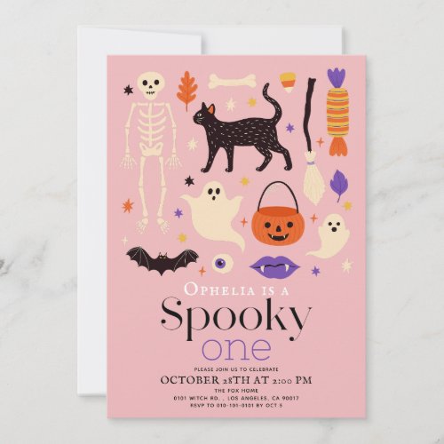 Spooky One Halloween Motifs Pink 1st Birthday Invitation
