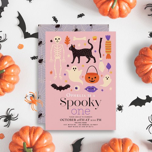 Spooky One Halloween Motifs Pink 1st Birthday Invitation