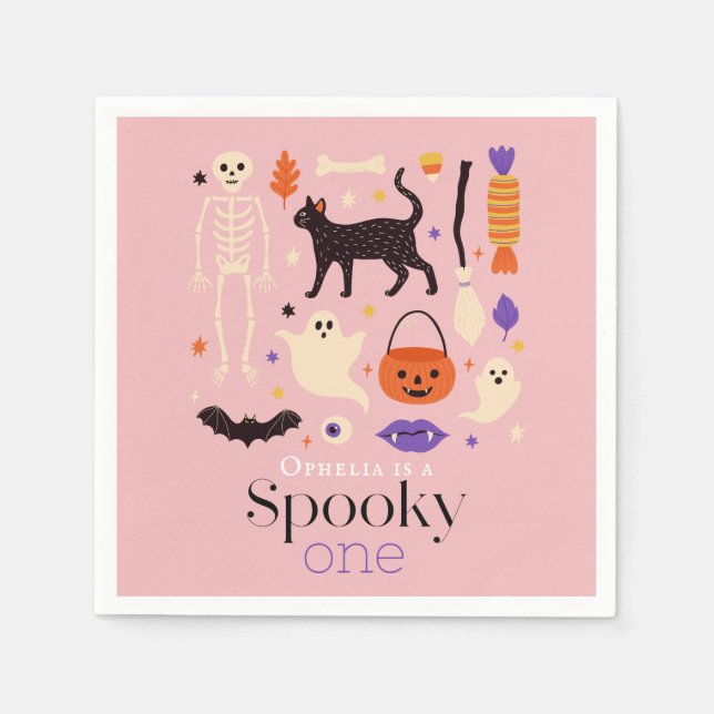 Spooky One Halloween Motifs Pink 1st Birthday Napkins (Front)
