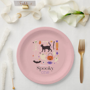 Spooky One Halloween Motifs Pink 1st Birthday Paper Plates