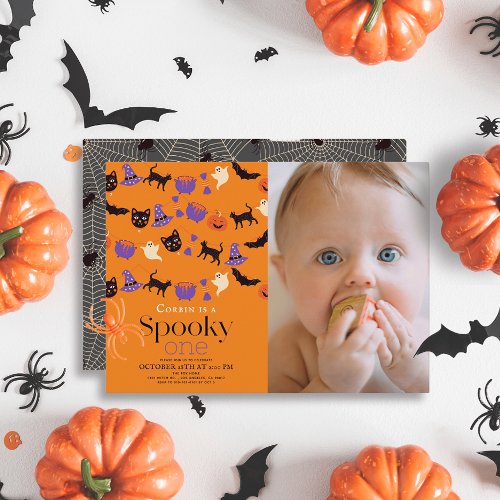 Spooky One Halloween Orange 1st Birthday Photo Invitation