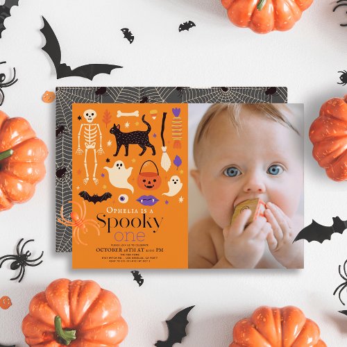 Spooky One Halloween Orange 1st Birthday Photo Invitation