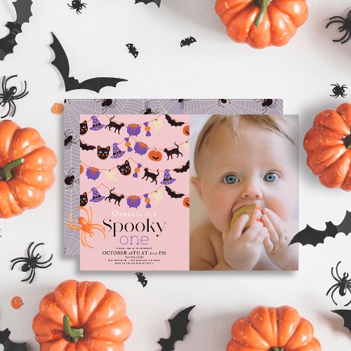 Spooky One Halloween Pink 1st Birthday Photo Invitation