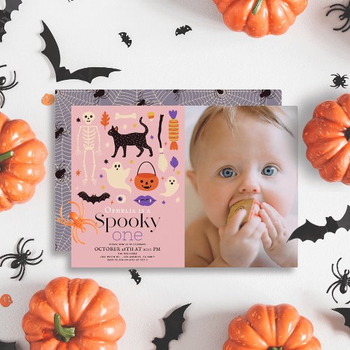 Spooky One Halloween Pink 1st Birthday Photo Invitation