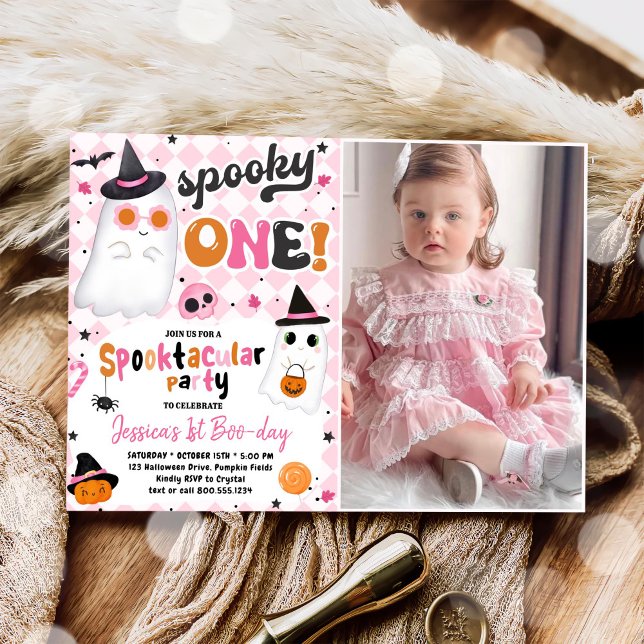 Spooky One Halloween Pink Cute Ghost 1st Birthday Invitation (Creator Uploaded)
