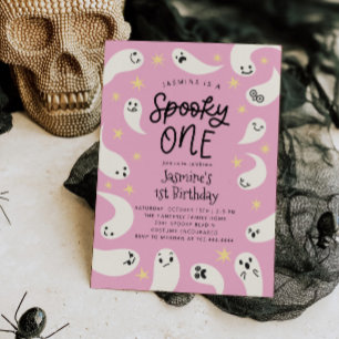 Spooky ONE Halloween Pink Ghost Birthday Invitation